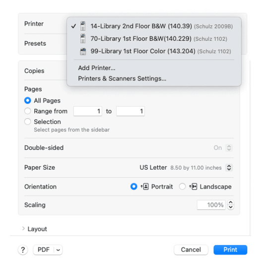 This is a screenshot of printer options at the Library. There are 3 printers to choose from: 70 Library (1st floor, B&W) 99 Library (1st floor, Color) 14 Library (2nd floor, B&W).